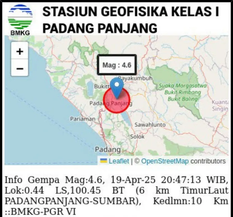 Peta kejadian gempa tektonik yang terjadi Sumbar, Sabtu malam (19/4/2025). (dok : bmkg)