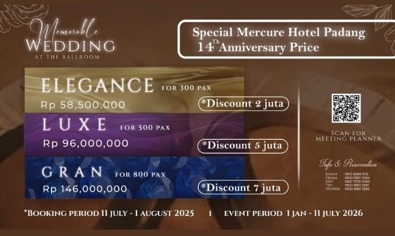 Hotel Mercure Padang menawarkan package spesial wedding dalam rangka HUT ke-14. IST