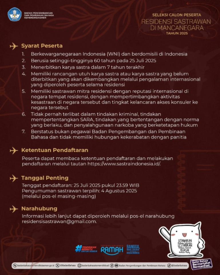 Leaflet program Residensi Sastrawan di Mancanegara Tahun 2025 dari Kemendikdasmen dan Badan Bahasa. IST