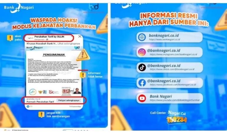 Bank Nagari mengimbau masyarakat agar tidak tertipu berbagai modus kejahatan digital perbankan. IST