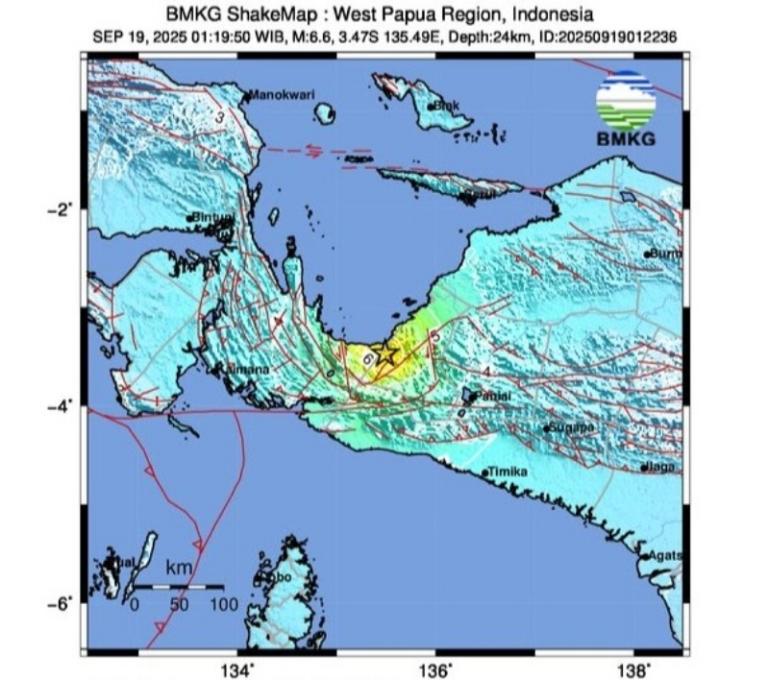 Lokasi gempa bumi yang terjadi di Nabire, Papua Tengah, pada hari ini, Jumat (19/9/2025). IST