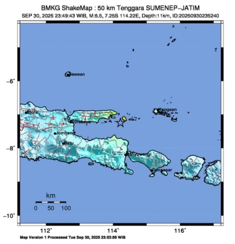 Peta gempa bumi yang melanda Sumenep, Jatim dari BMKG, Selasa (30/9/2025). IST