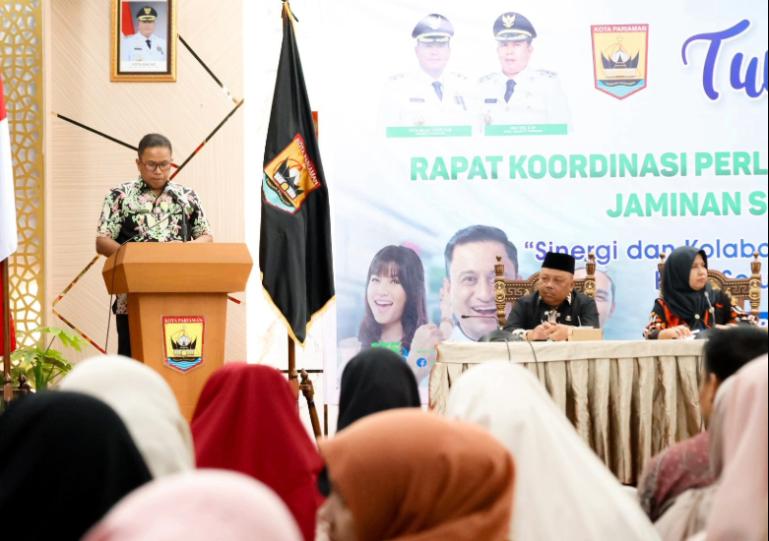 Wakil Wali Kota Pariaman, Mulyadi berikan sambutan dalam rakor  program perlindungan BPJS Ketenagakerjaan di Pariaman, Kamis (13/11/2025). IST