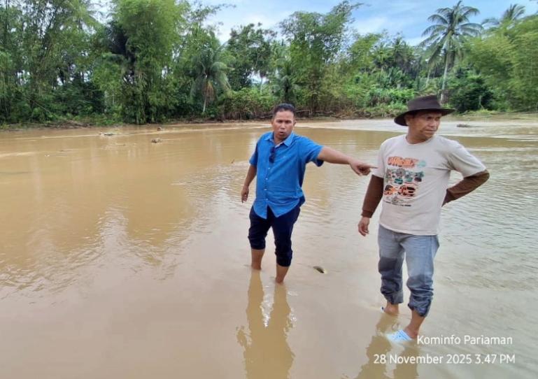 Wakil Wali Kota Pariaman, Mulyadi meninjau sawah masyarakat di kota itu yang terendam banjir, Jumat (28/11/2025). IST