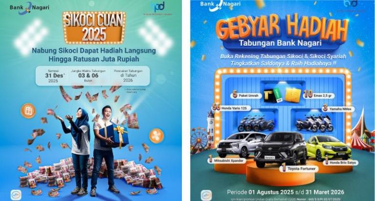 Dua program tabungan unggulan Bank Nagari yaitu Gebyar Hadiah Tabungan Bank Nagari dan Sikoci Cuan 2025. IST