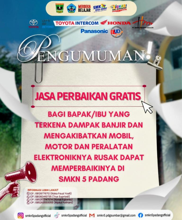 Flayer jasa perbaikan gratis yang diadakan SMKN 5 Padang untuk kendaraan bermotor dan elektronik pada masyarakat terdampak banjir. IST