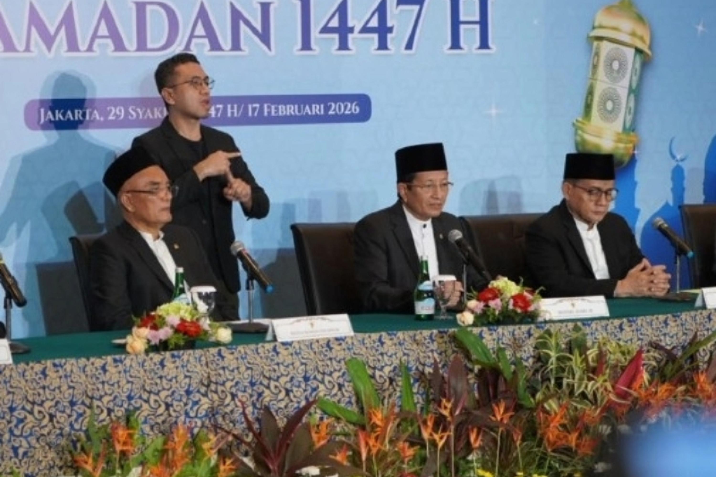 Menag Nasaruddin Umar saat memimpin konferensi pers hasil sidang Isbat penetapan awal Ramadan 1447 Hijriah, di Jakarta, Selasa (17/2/2026). IST