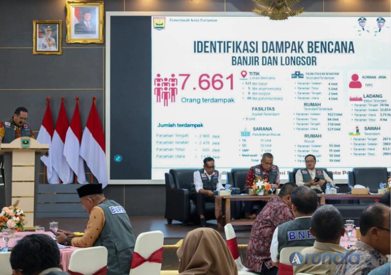 Wali Kota Pariaman, Yota Balad paparkan dampak kerusakan dan kerugaian bencana banjir saat rakor bersama BNPB dan Pemprov Sumbar, Kamis (8/1/2026). IST