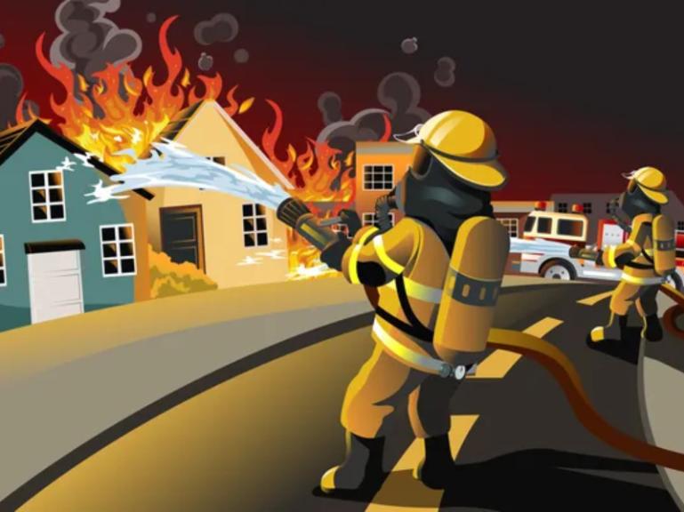 Ilustrasi petugas pemadam kebakaran memadamkan api yang membakar rumah. IST