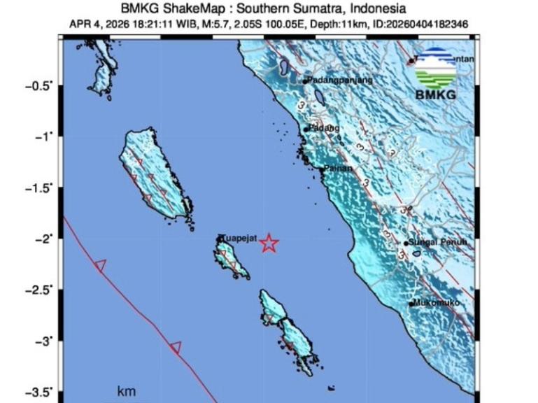 Denah gempabumi di wilayah Timur Laut Kepulauan Mentawai, yang dirilis BMKG, Sabtu malam (4/4/2026). IST