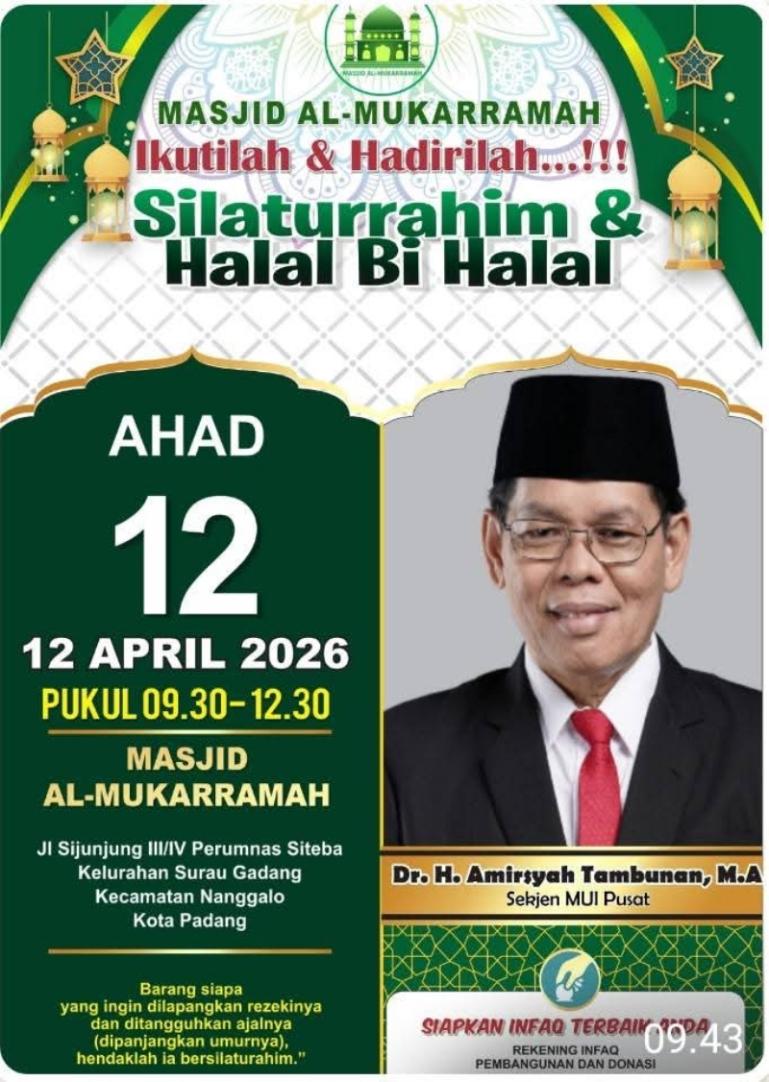 Flyer undangan silaturahmi dan halal bihalal di Masjid Al Mukarramah, Perumnas Siteba Padang. IST