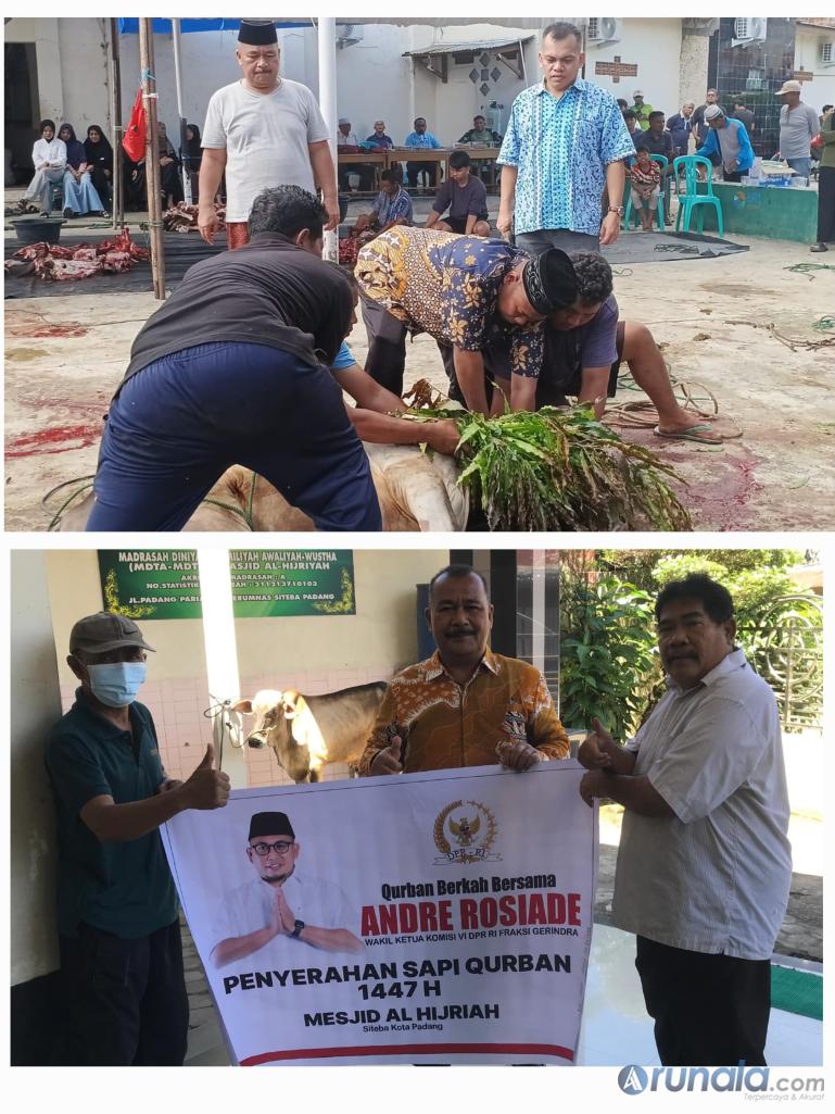 Ketua Pengurus Masjid Al Hijriah Siteba Padang, Gustavianof saksikan penyembelihan sapi kurban bantuan Wakil Ketua Komisi VI DPR RI, Andre Rosiade, Kamis (28/5/2026). (dok : arunala.com)