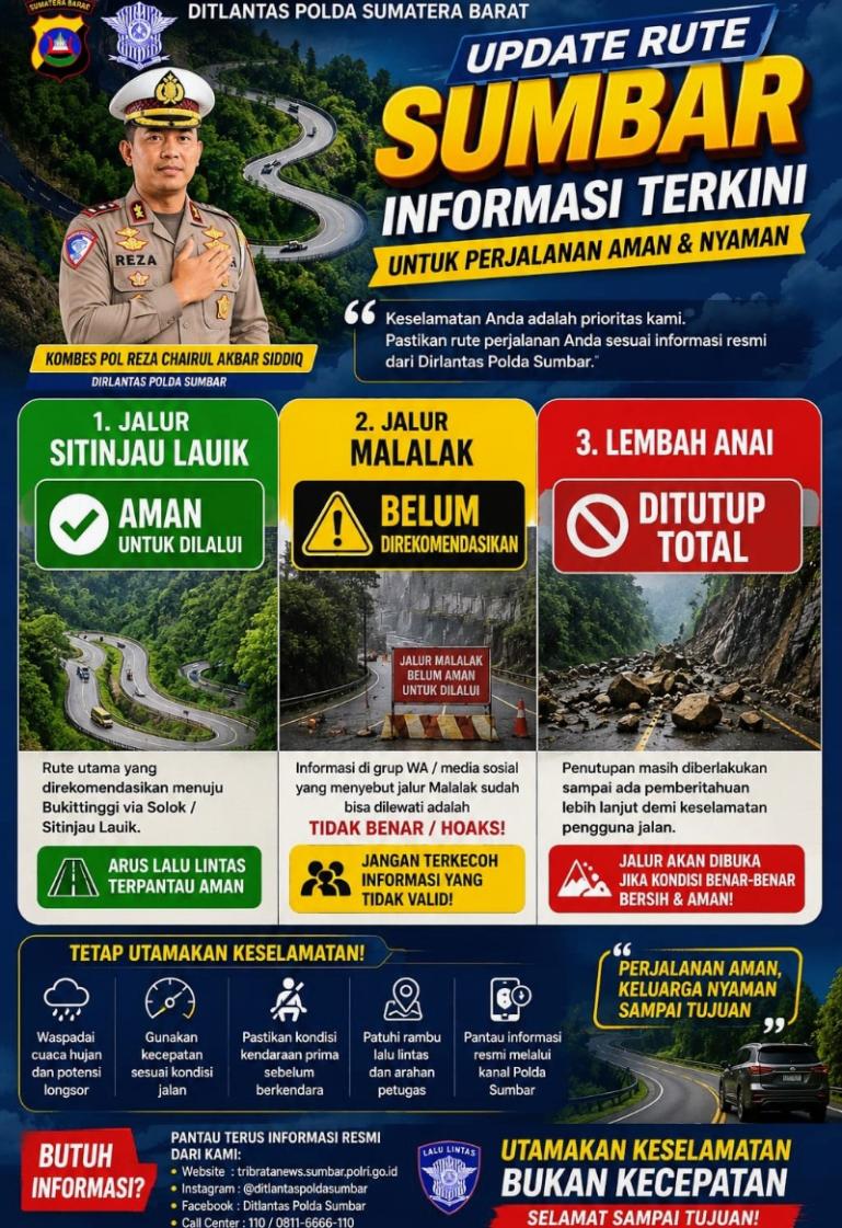Flayer Ditlantas Polda Sumbar menginformasikan jalan alternatif terkait adanya penutupan jalur Lembah Anai yang longsor. IST