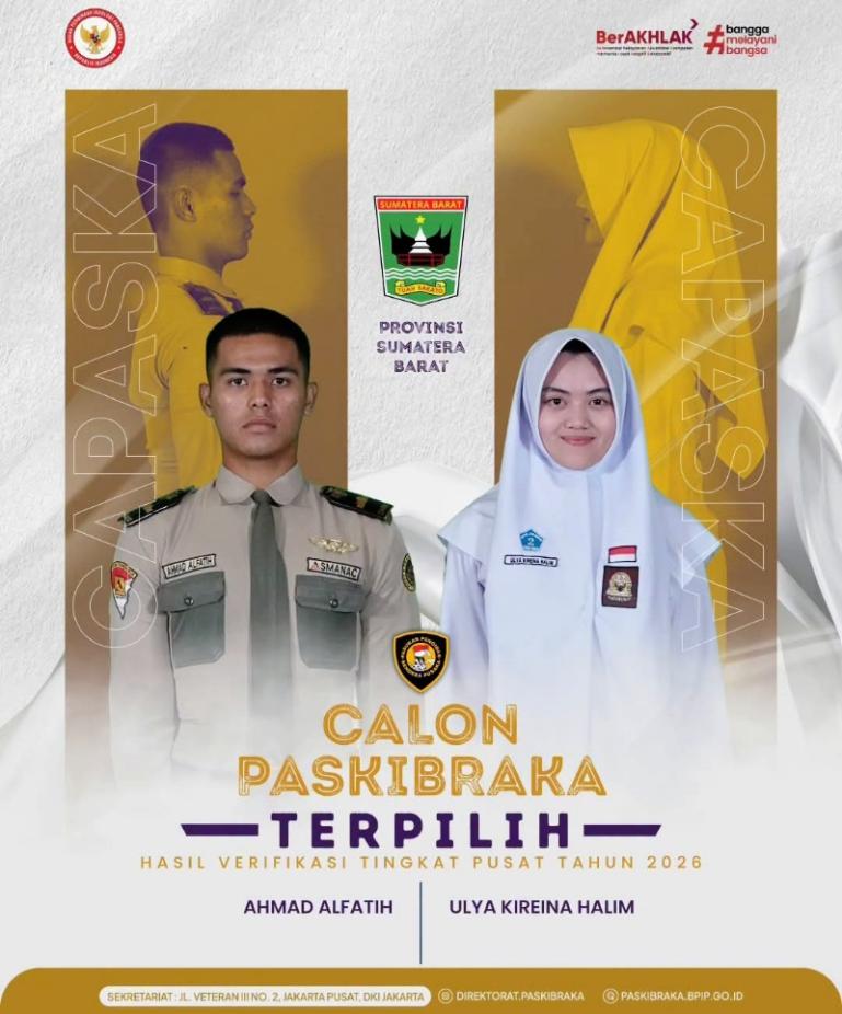 Ahmad Alfatih dan Ulya Kireina Halim, keduanya siswa asal Sumbar jadi calon Paskibraka tingkat pusat 2026. IST