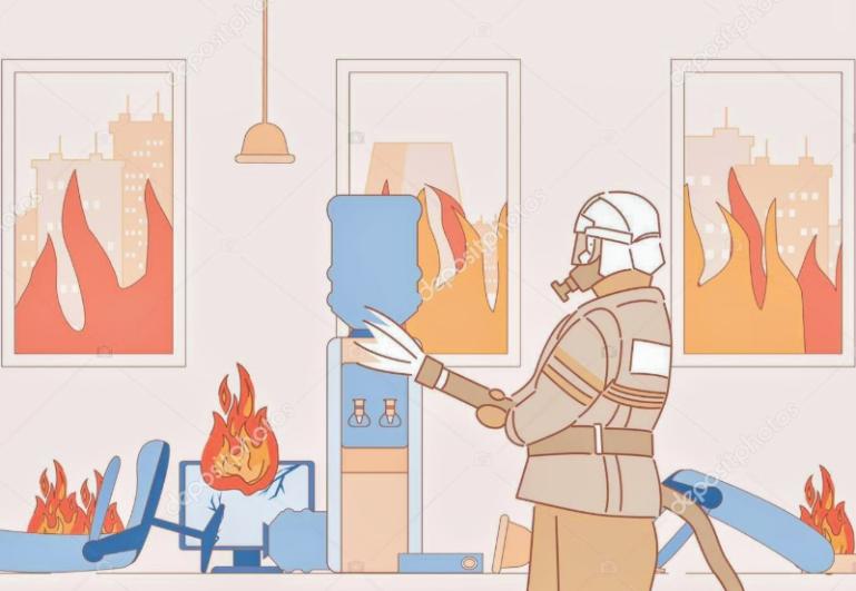 Ilustrasi kejadian kebakaran di sebuah kantor sedang diatasi petugas Damkar. IST