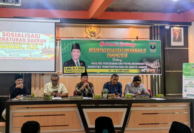 Anggota DPRD Sumbar, Sawal berikan sosialisasi tentang bahaya narkoba kepada warga Nagari Ladang Panjang, Kecamatan Tigo Nagari, Kabupaten Pasaman, Sabtu (13/6/2026). IST