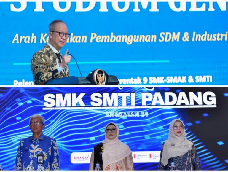 Menperin, Agus Gumiwang saat berikan kuliah umum saat pelantikan kelulusan 216 siswa SMTI Padang dan SMTI-SMAK se Indonesia secara virtual, Kamis  (16/6/2026). IST