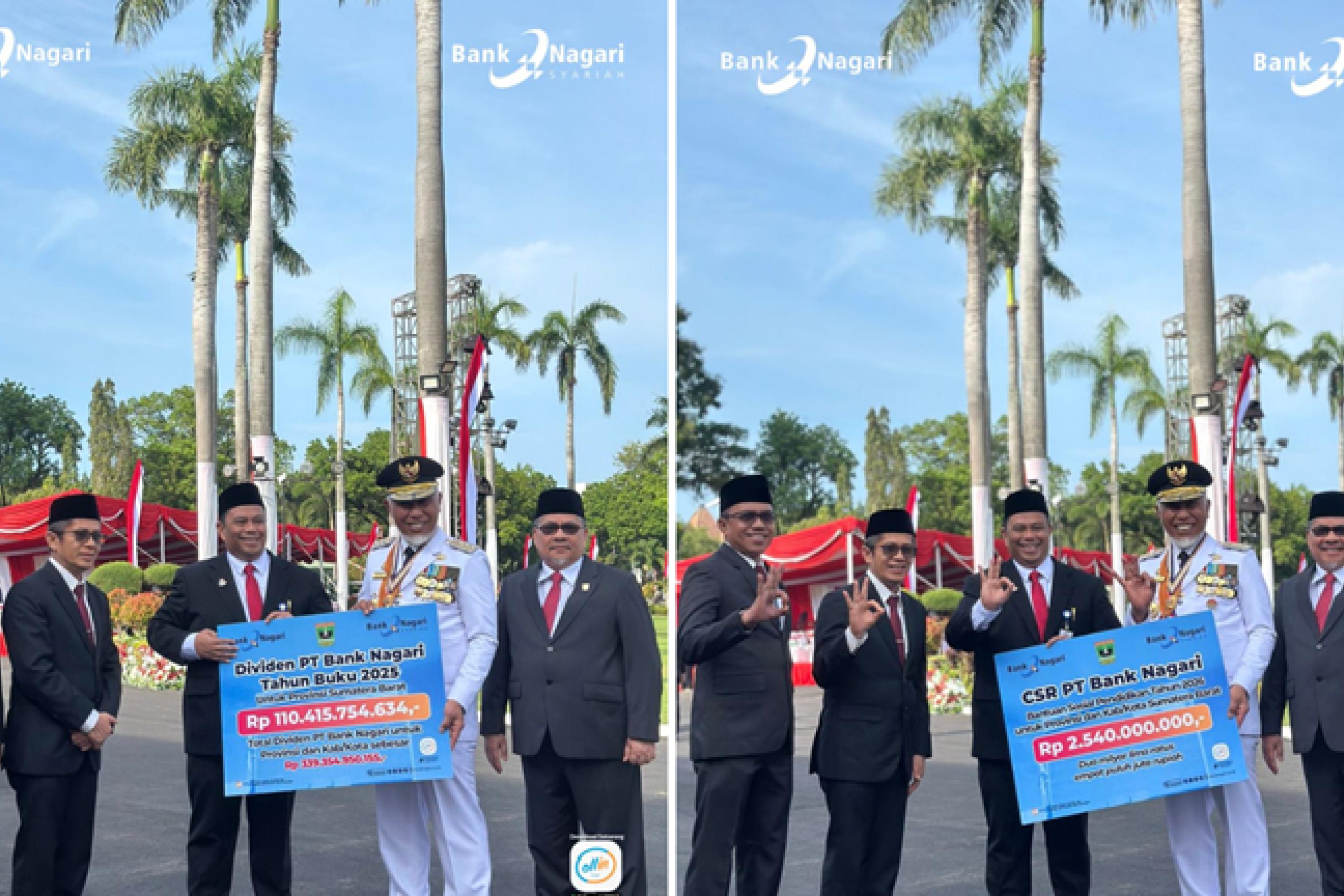 Direktur Kredit dan Syariah PT Bank Nagari Hafid Dauli bersama Komisaris Utama Bank Nagari Andri Yulika menyerahkan dividen dan CSR Pendidikan kepada Gubernur Sumbar Mahyeldi Ansharullah usai Upacara HUT RI, Senin (17/8/2026). IST