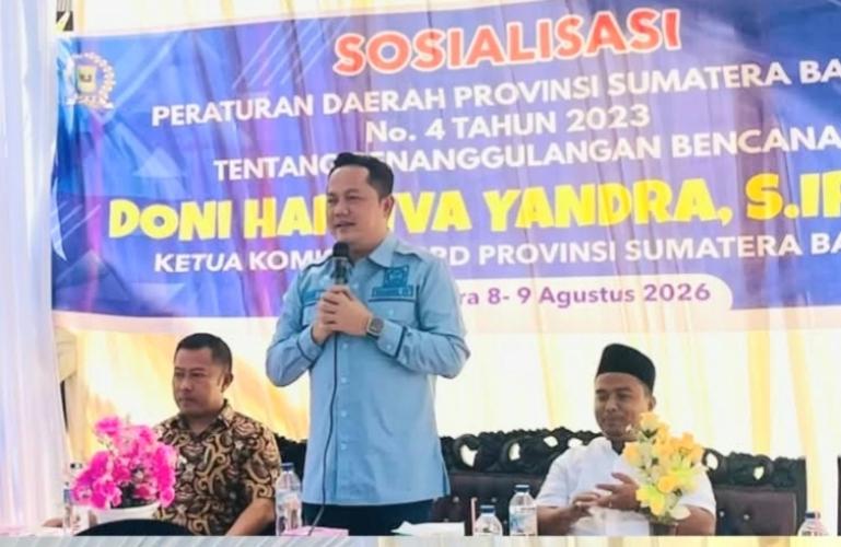 Ketua Komisi IV DPRD Sumbar, Doni Harsiva Yandra saat sosialisasikan Perda Nomor 4 Tahun 2023 tentang Penanggulangan Bencana, Sabtu (8/8/2026). IST