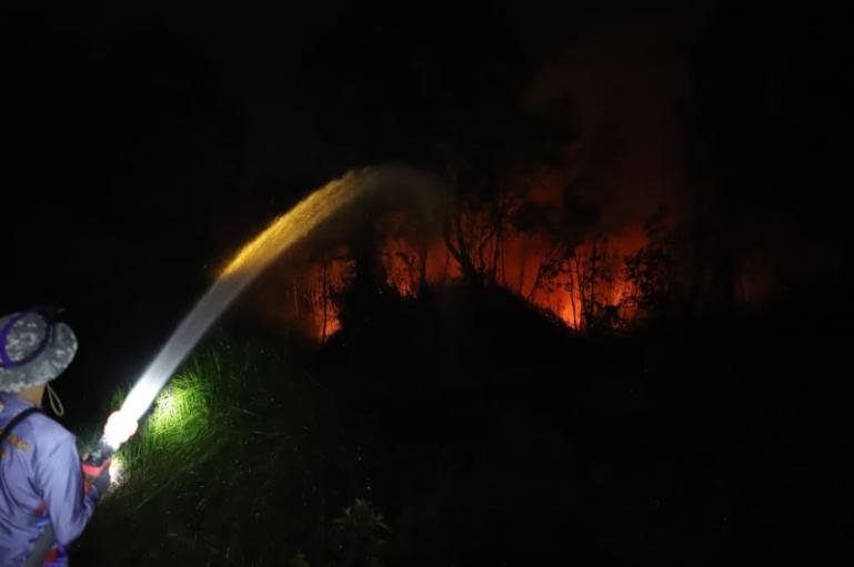 Petugas BPBD dan Damkar Kota Palembang berusaha memadamkan titip api yang muncul di areal Perumahan Taman Asri, Kecamatan Sako, Kota Palembang, Rabu (16/9/2026) malam. IST