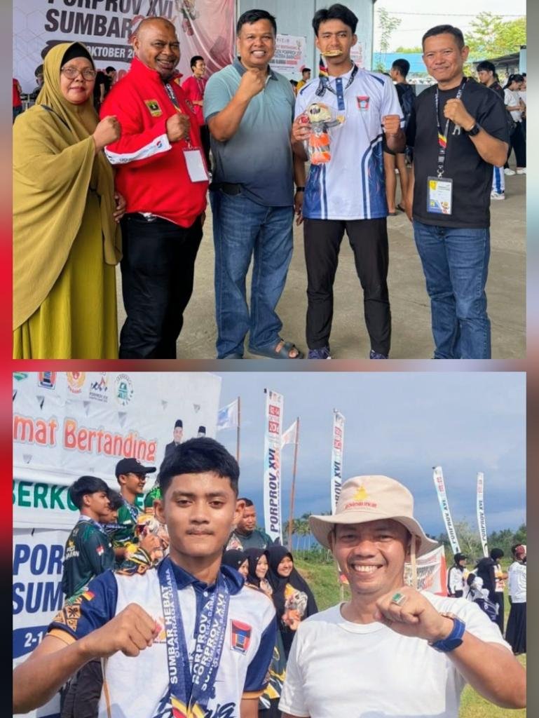 Bendahara Umum DPP IKBA UBH Sonny Afandi saat temui Muhammad Lantang usai pertandingan (atas), serta Muhammad Fawwaz Ziddan saat meraih emas di cabor berkuda memanah (bawah). IST