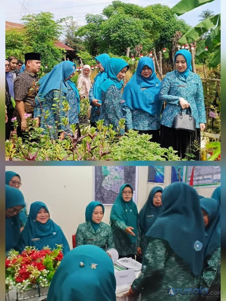 Camat Lubeg Ikrar Prakasa dampingi Ketua TP PKK Kota Padang Dian Puspita tinjau taman PKK Kelurahan Cangkeh (atas). Ketua TP PKK Kota Padang Dian Puspita menilai kader PKK Kelurahan Koto Baru Nan XX (bawah), Jumat (30/10/2026). (dok: arunala.com)
