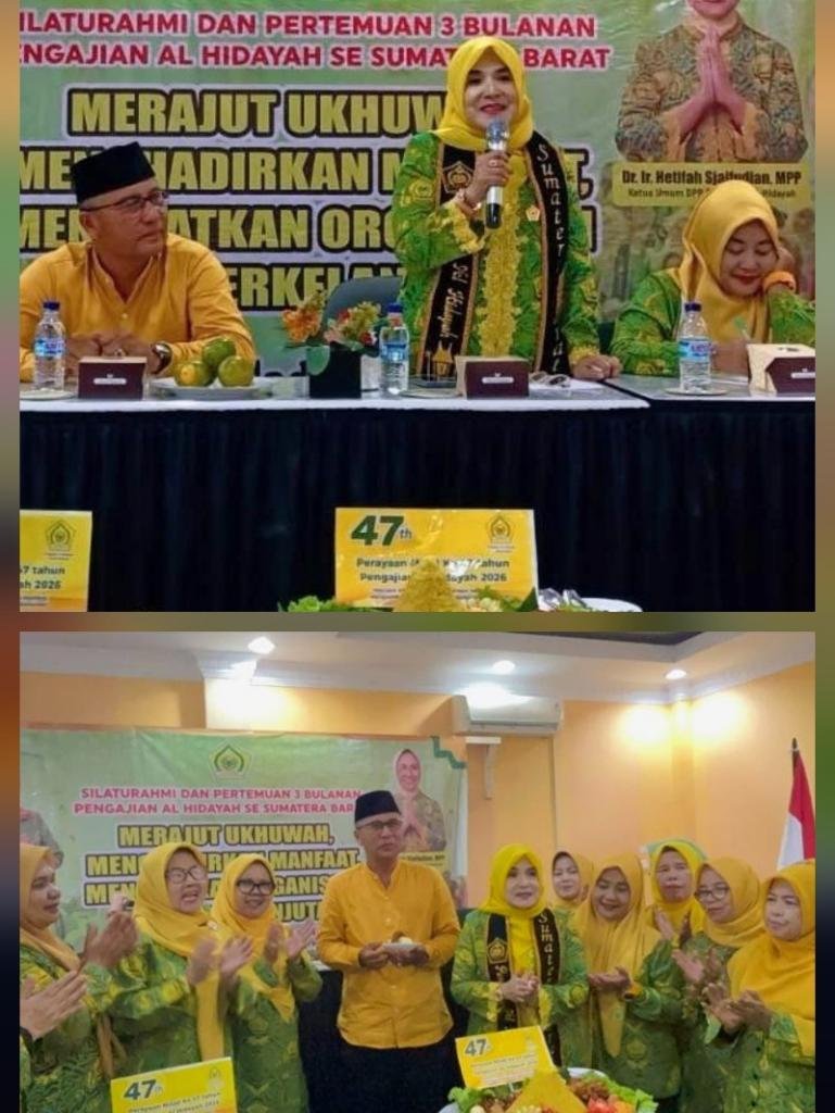 Ketua Pengajian Al-Hidayah Sumbar, Linda Oktavianti saat beri sambutan di acara silaturahmi tiga bulanan pengajian Al Hidayah se Sumbar di Bukittinggi, Minggu (4/10/2026). IST