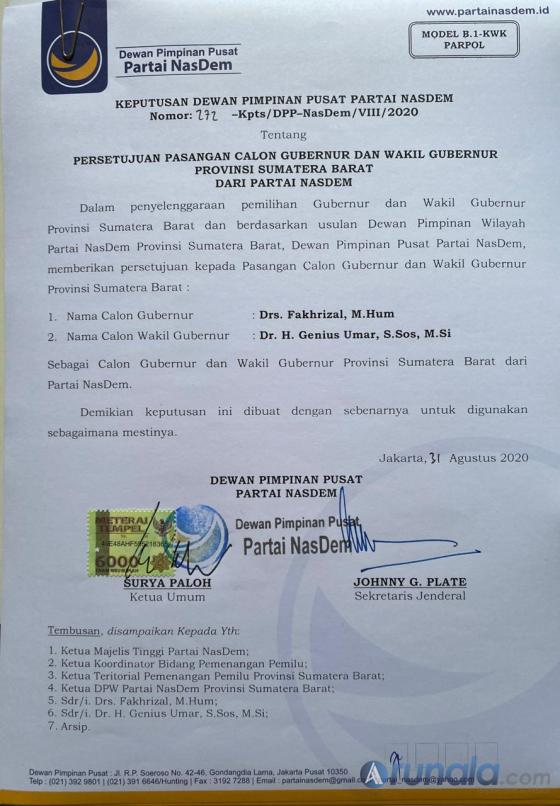 SK DPP NasDem atas persetujuan Fakhrizal-Genius Umar. (Foto : Amz)