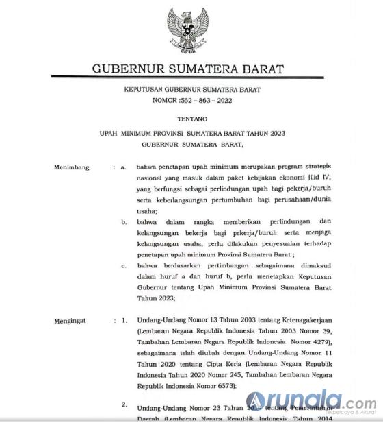 Aturan baru Gubernur Sumbar menyangkut besaran UMP Sumbar 2023. (Dok : Istimewa)