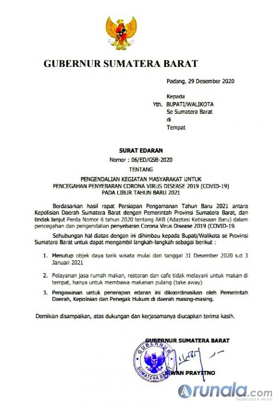 Teks foto Surat edaran Gubernur Sumbar tentang antisipasi penyebaran Covid-19 di libur tahun baru 2021. (Dok : Istimewa)